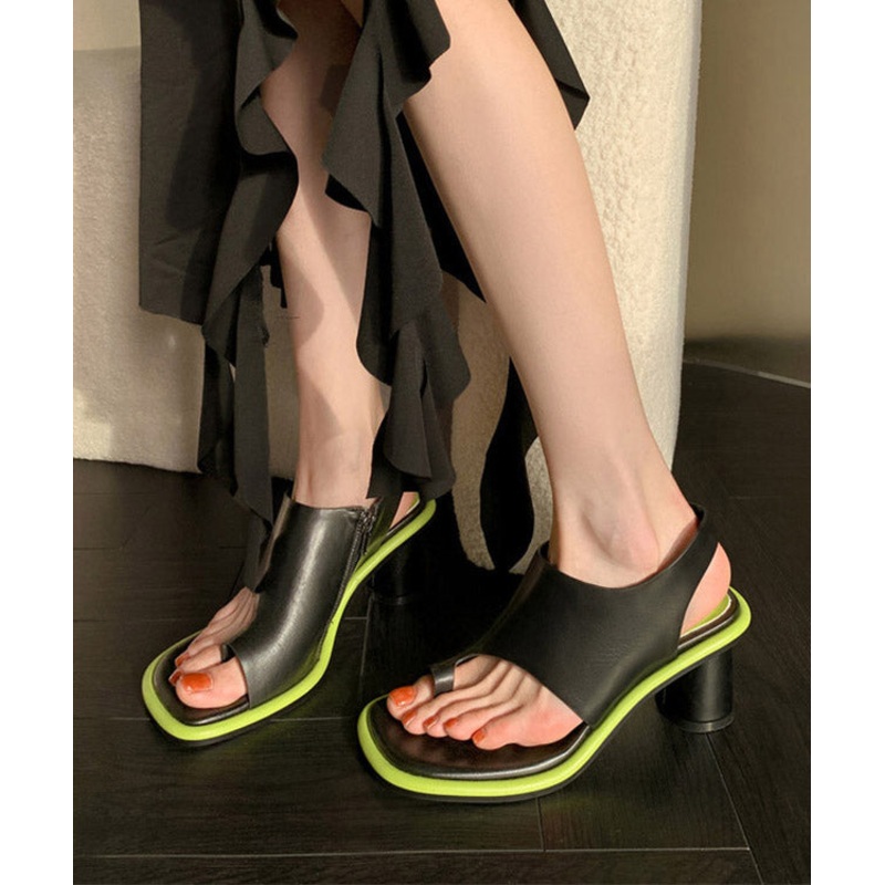 New Black Chunky Heel Cowhide Leather Toe Covering Sandals