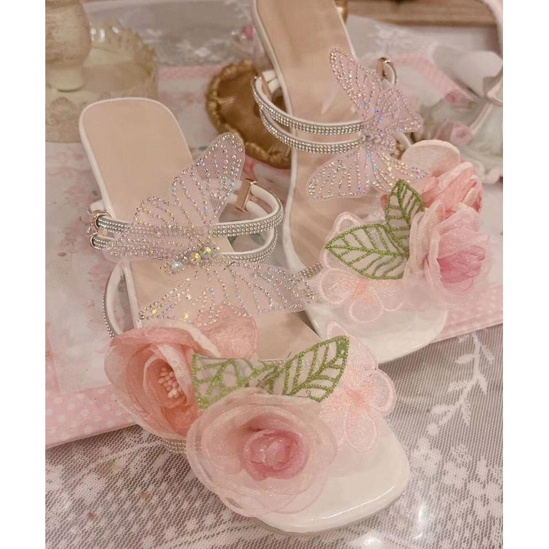 Original Design Flower Butterfly Zircon Slide Sandals Peep Toe