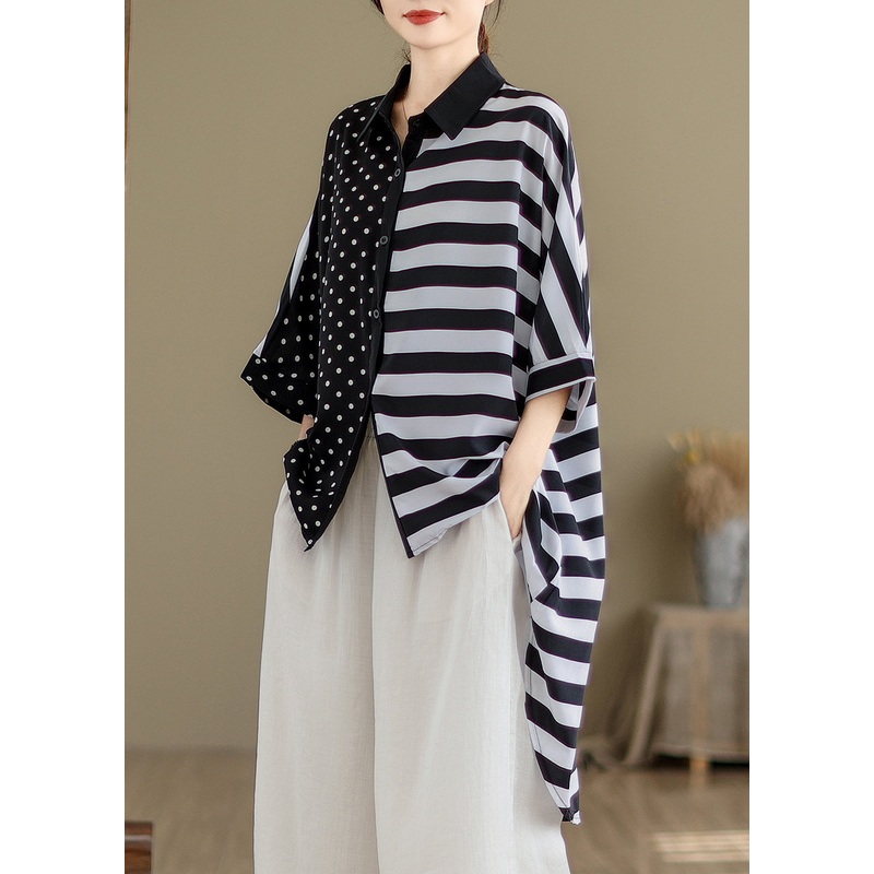 Plus Size Colorblock Peter Pan Collar Low High Design Cotton Shirt Tops Summer
