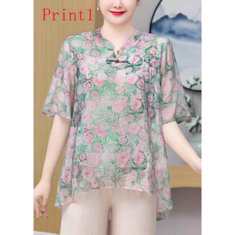 Plus Size Print Oriental Button Chiffon Top Summer