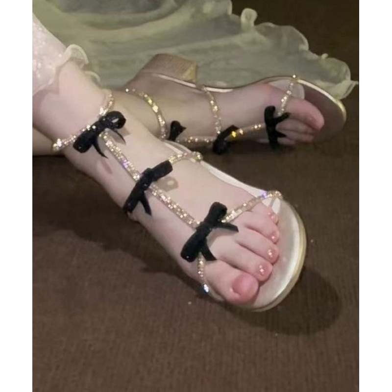 Stylish Chunky Heel Sandals Bow Zircon Peep Toe