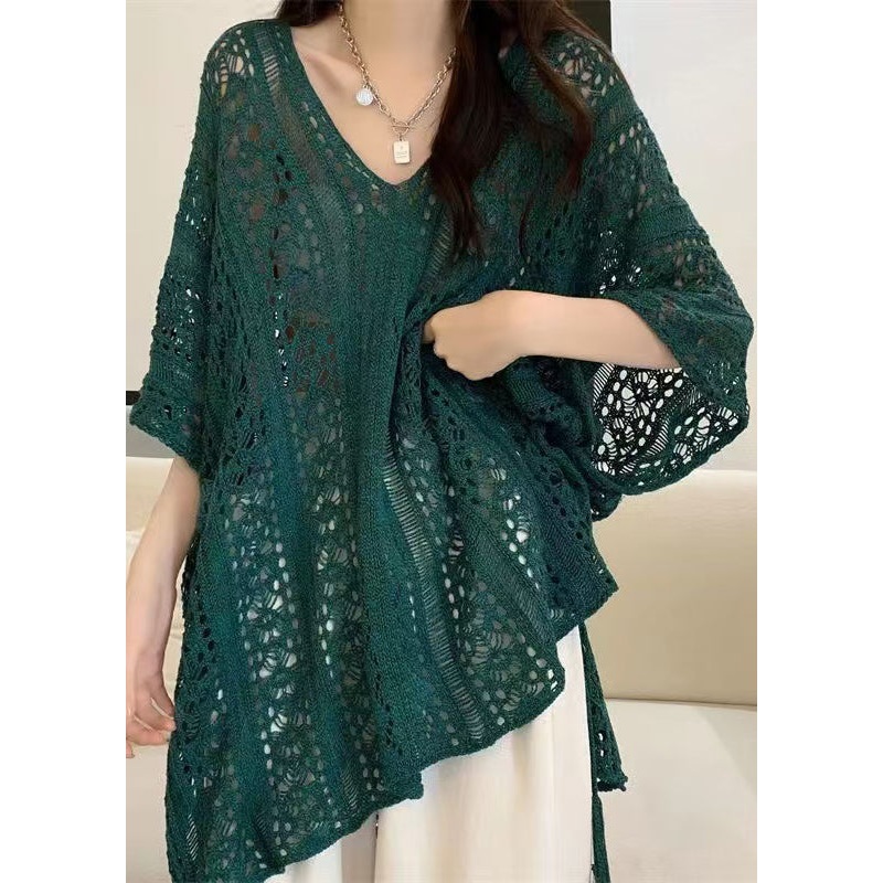 Stylish Green V Neck Hollow Out Knit Shirt Tops Summer