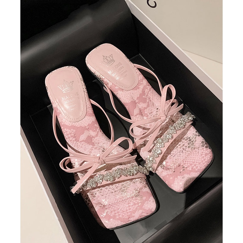Stylish Pink Zircon Bow Splicing Chunky Heels Slide Sandals