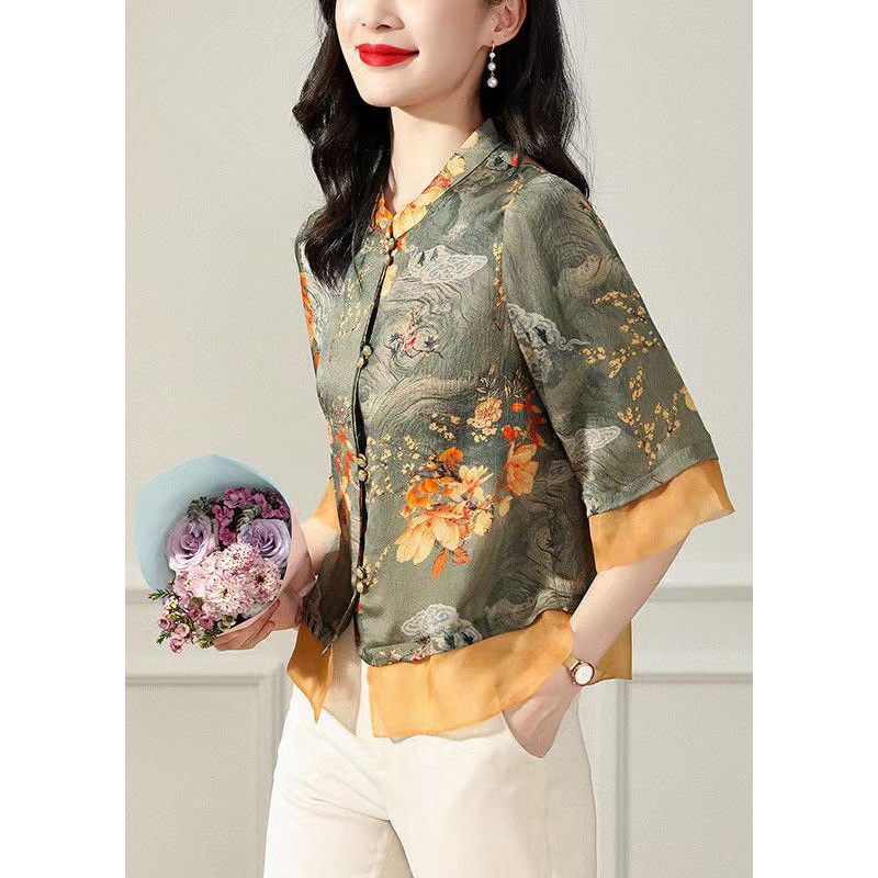 Vintage Green Stand Collar Print Silk Tops Bracelet Sleeve