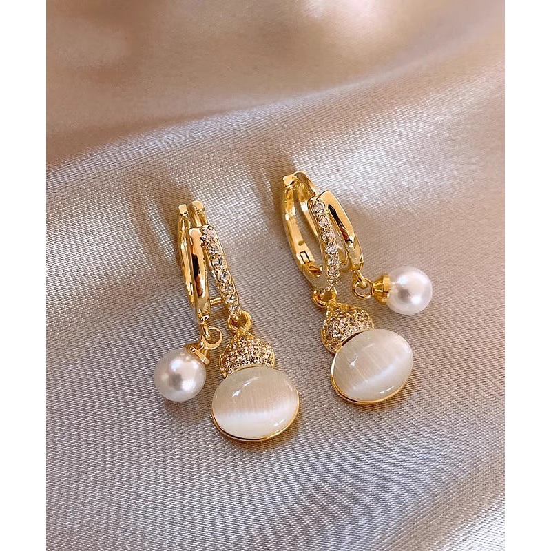 Vogue Gold Copper Alloy Zircon Cat Eye Stone Pearl Gourd Drop Earrings