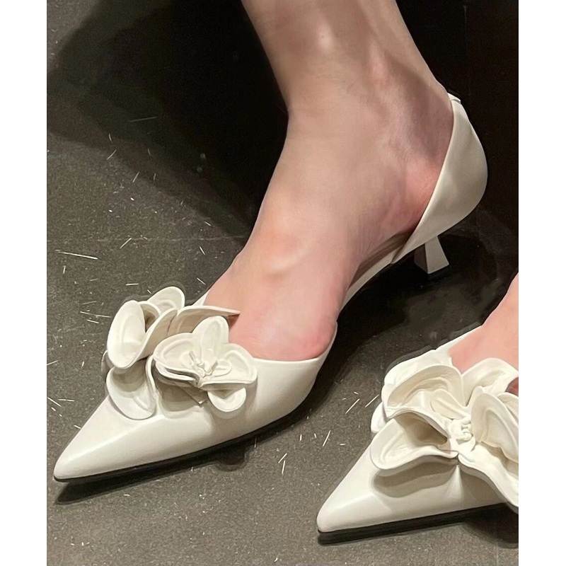 White Floral Splicing Women Kitten Heels Shoes Pointed Toe