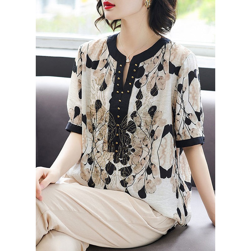 Women Black V Neck Print Rivet Chiffon Tops Summer