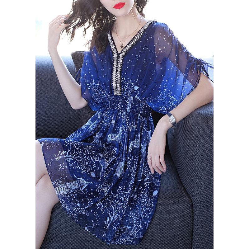 Women Blue V Neck Print Nail Bead Chiffon Dresses Batwing Sleeve