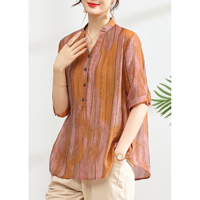 Women Green V Neck Print Button Cotton Shirt Summer