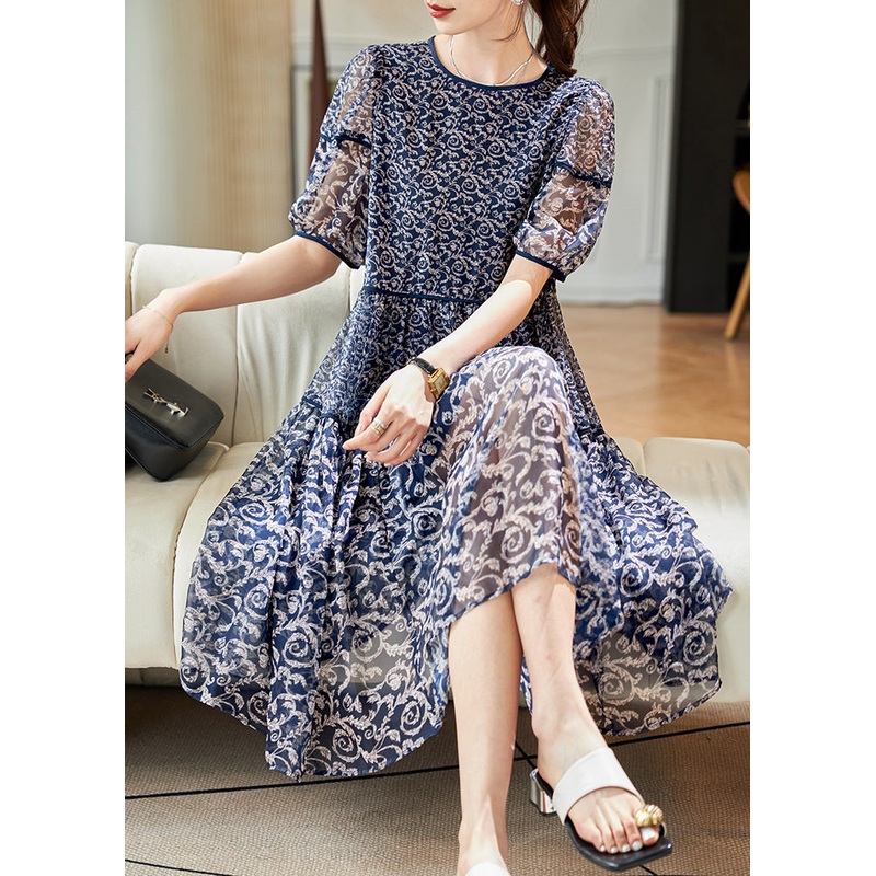 Women Navy O Neck Print Patchwork Chiffon Dresses Summer