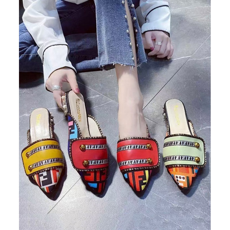 Yellow Faux Leather Unique Splicing Slide Sandals Pointed Toe