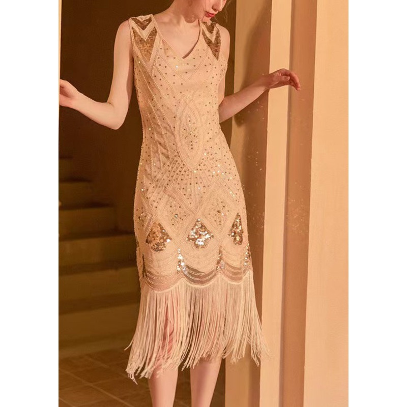 Apricot Sequins Lace Work Dress Tasseled Sleeveless