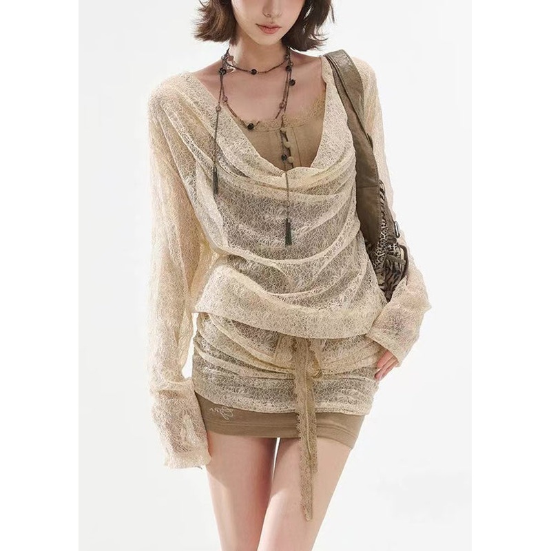 Art Apricot Lace Up False Two Pieces Lace Mini Dresses