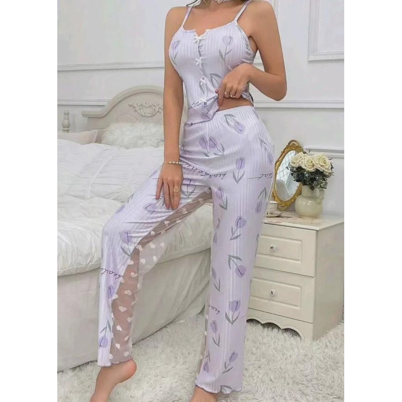 Art Light Purple Print Tulle Patchwork Vest And Trousers Two-Piece Set Sleeveless