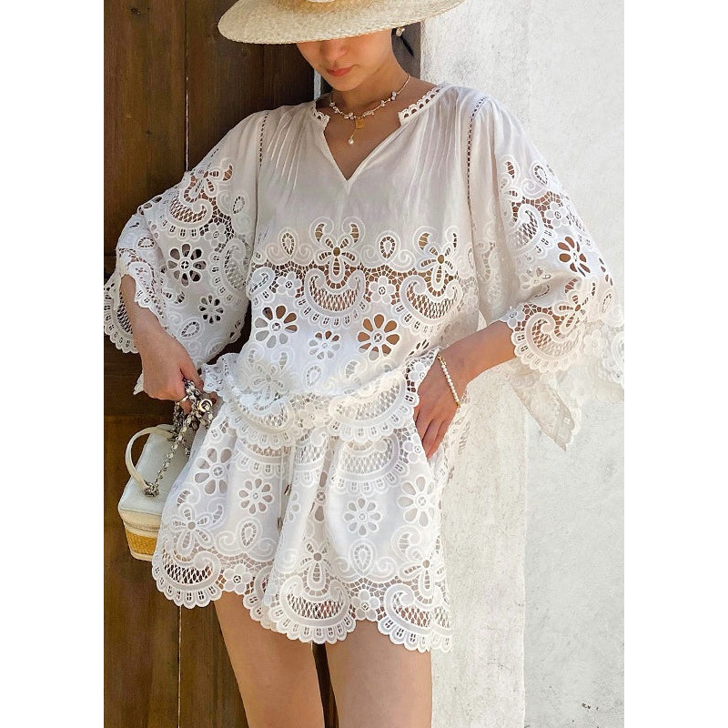 Art White Hollow Out Lace Two Piece Set Half Sleeve