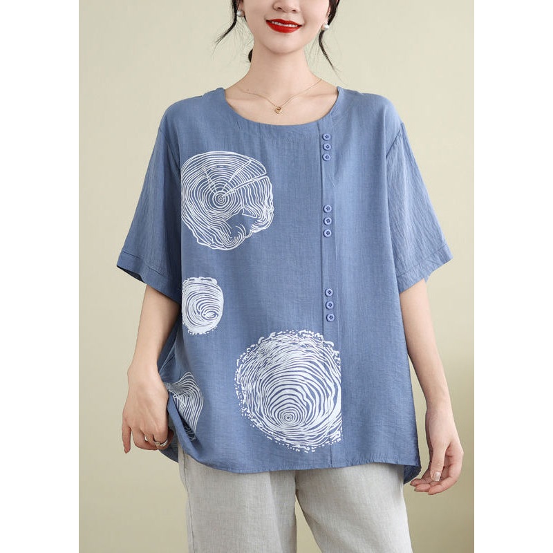 Blue O-Neck Print Ice Silk T Shirt Summer
