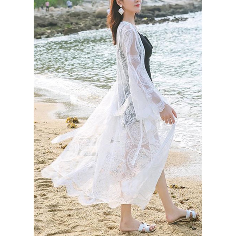 Bohemian White Embroidered Tie Waist Lace Loose Cardigans Summer