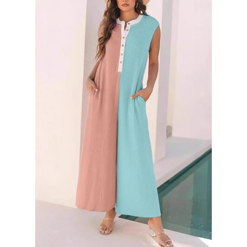 Chic Pink Pockets Patchwork Cotton Jumpsuit Sleeveless