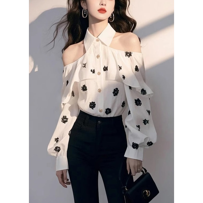 Chic White Cold Shoulder Print Chiffon Shirt Fall