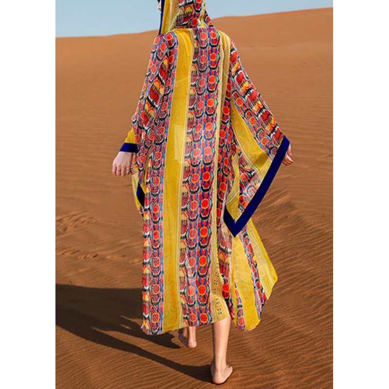 Chic Yellow Hooded Print Chiffon Long Cardigan Flare Sleeve