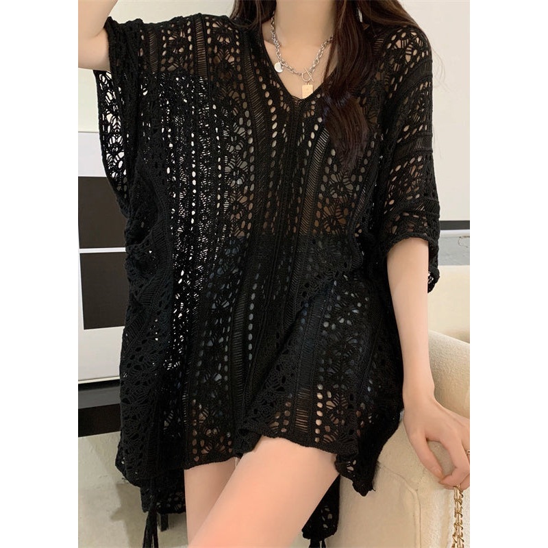 French Black V Neck Asymmetrical Knit Shirts Half Sleeve
