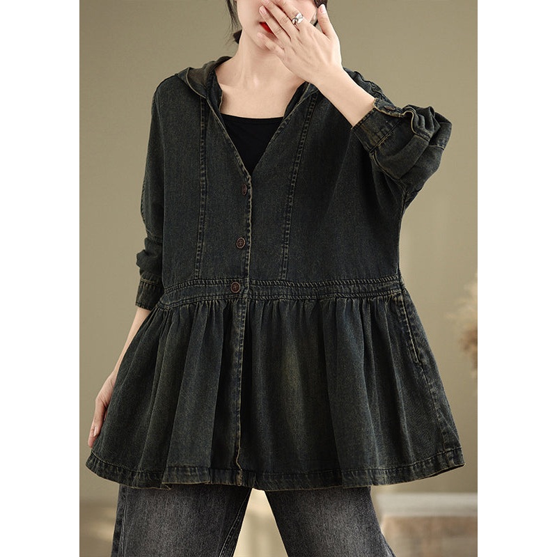 Vintage Black V Neck Wrinkled Pockets Hooded Denim Coats Fall