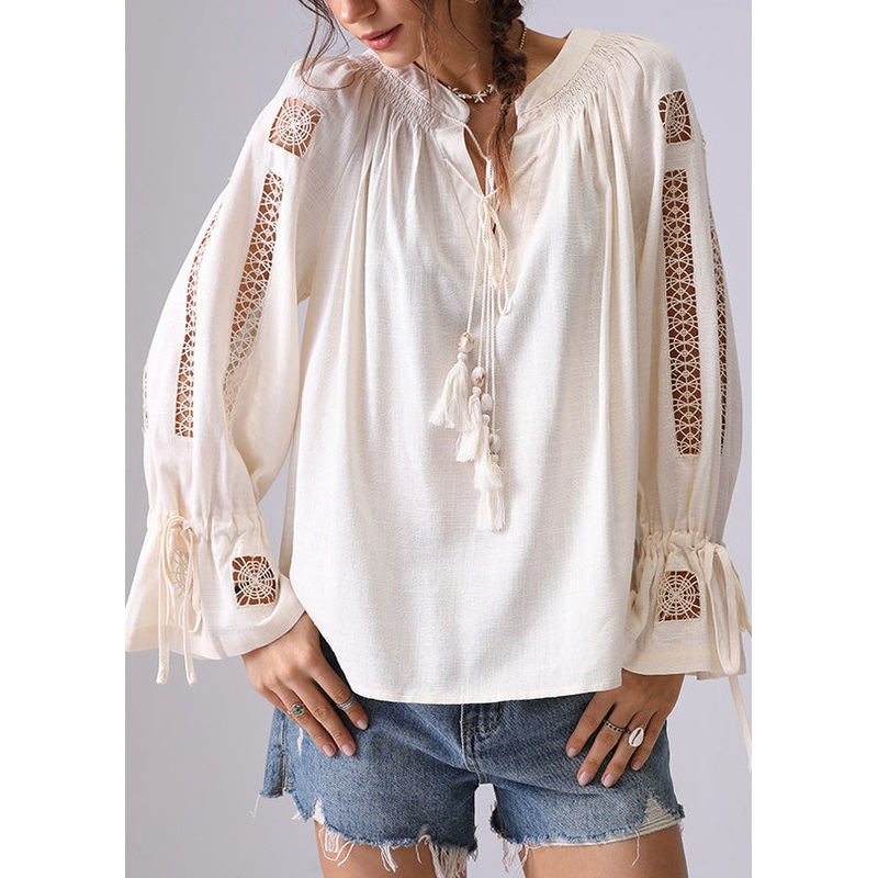Women Apricot Hollow Out Lace Up Shirt Flare Sleeve