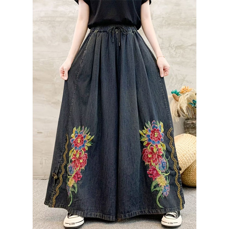 Women Dark Grey Embroidered Tie Waist Wide Leg Pants
