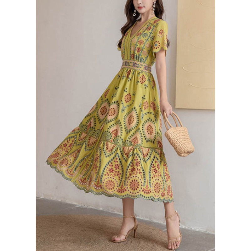 Yellow Hollow Out High Waist Cotton Summer Long Dress V Neck
