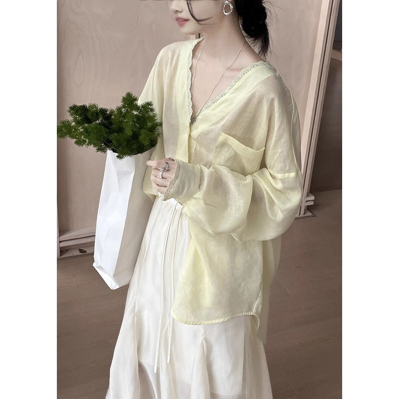 Yellow Lace Pockets Silk Cotton Summer Blouse V Neck