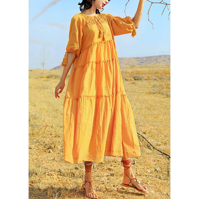Yellow Lace Up Solid Cotton Summer Long Dress Ruffled