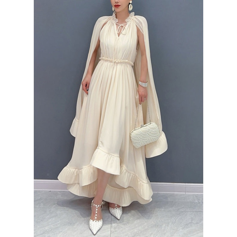 Apricot Tie Lace Ruffled Patchwork Chiffon Long Dresses Cloak Sleeve