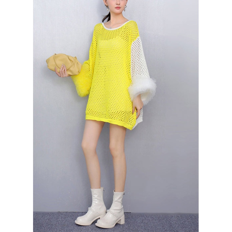 Art Yellow O-Neck Hollow Out Patchwork Knit Top Fall