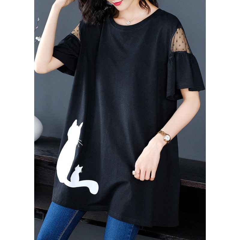 Black Tulle Patchwork Shirt Short Sleeve