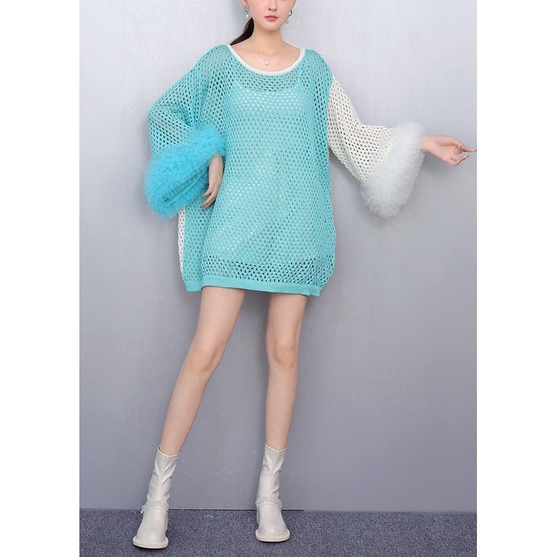 Blue Cozy Patchwork Knit Tops Asymmetrical