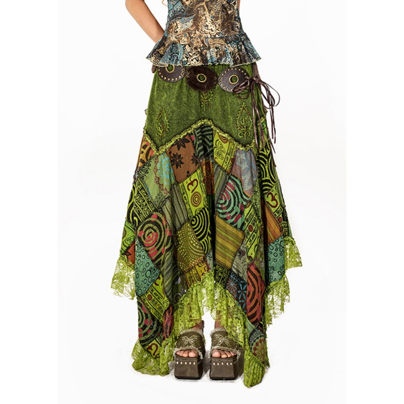 Bohemian Green Print Lace Patchwork Maxi Skirt