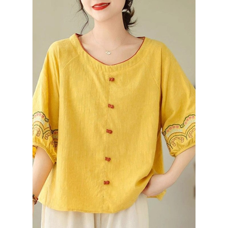 Bohemian Yellow Embroidered Shirt Half Sleeve
