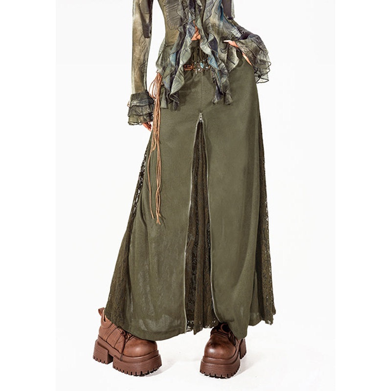 Chic Green High Waist Maxi Skirt Summer Lace Patchwork