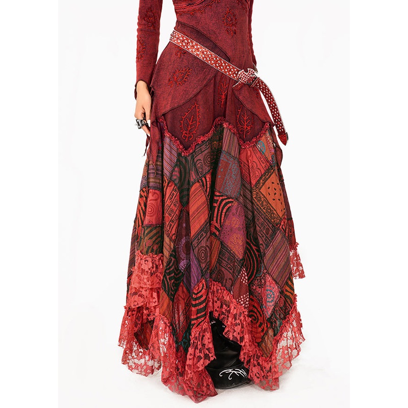 DIY Red Print Lace Patchwork A Line Skirt
