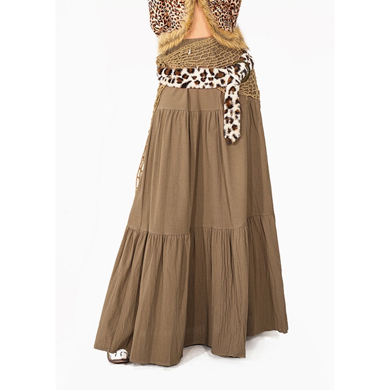 Elegant Camel Patchwork Wrinkled Maxi Skirt Summer