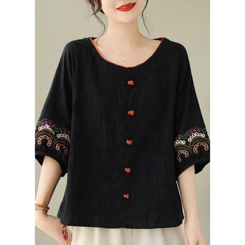 Handmade Black Embroidere Patchwork Tops Half Sleeve