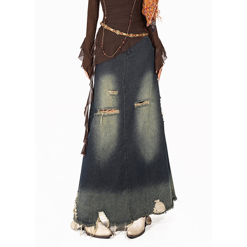 Retro Blue High Waist Hole Denim Maxi Skirt Summer