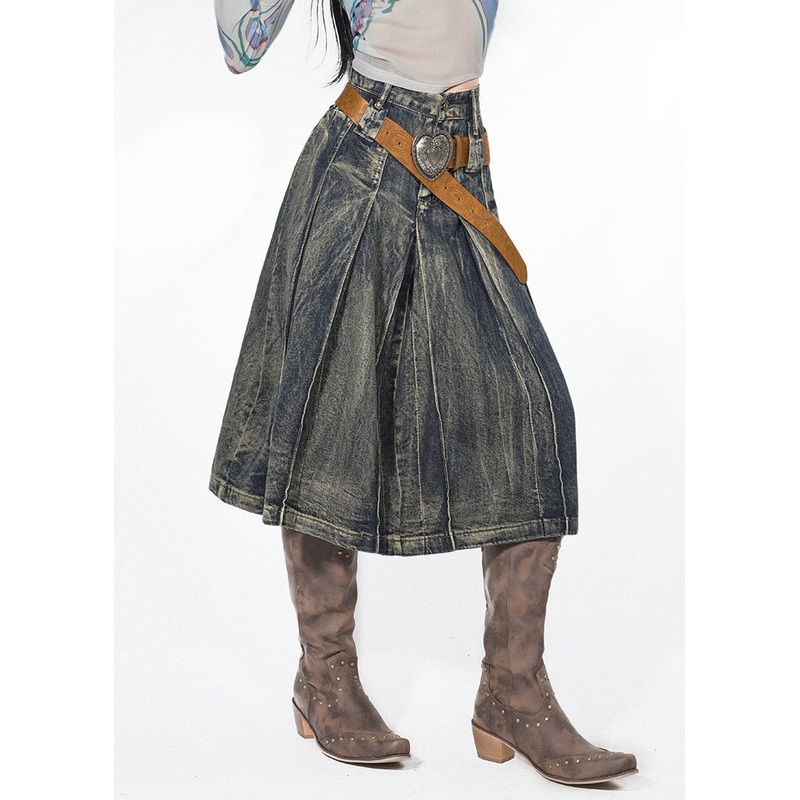 Retro Denim Blue High Waist Pleated Skirts Summer