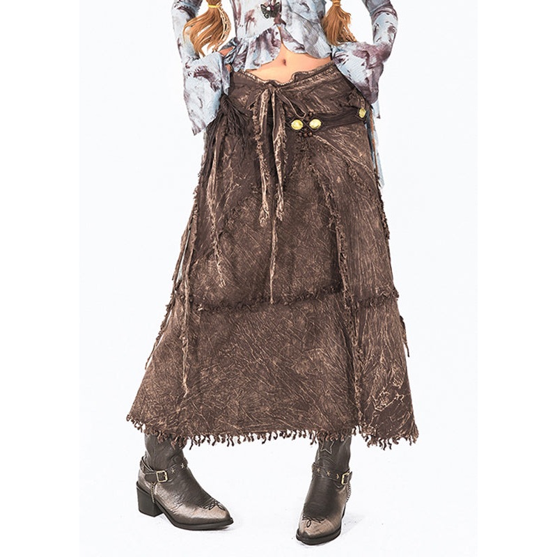Style Coffee Patchwork Tassel Maxi Skirts Summer