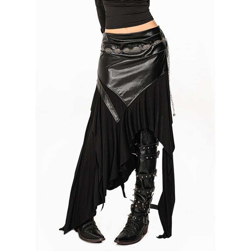 Unique Black Patchwork High Waist PU Maxi Skirt Summer