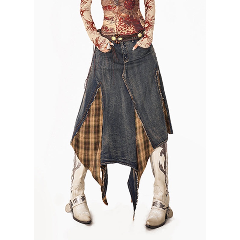Vintage Blue Plaid Patchwork Denim Maxi Skirts