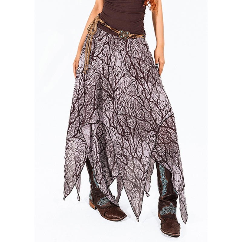 Vintage Dark Purple Print High Waist Tulle Maxi Skirt Summer