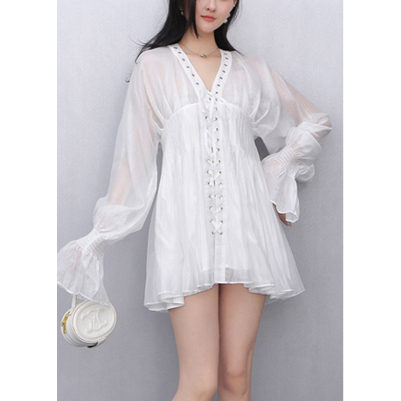 White Wrinkled Tie Waist Solid Chiffon Shirt Fall