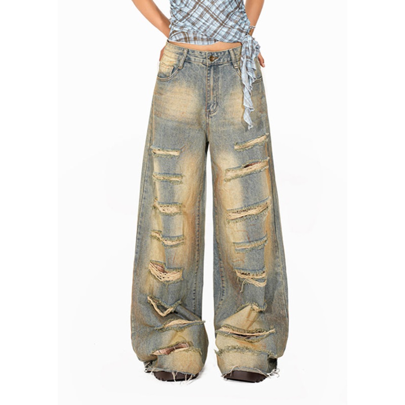 Women Blue High Waist Pockets Patchwork Wide Leg Jeans