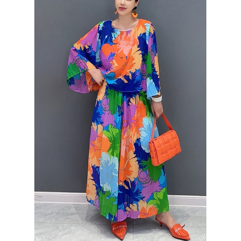 Women O-Neck Wrinkled T Shirts And Maxi Skirts Two Pieces Set Bracelet Sleeve